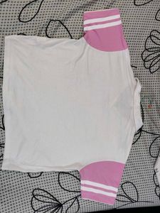 White &amp; Pink Striped Sleeve Polo neck tshirt