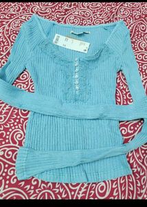 Ribbed Lace Trim Long Sleeve Top