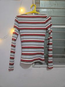 Striped Cut-Out Neck Long Sleeve Top