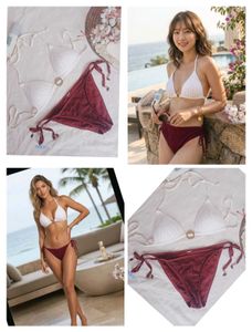 Stylish Bikini Set - White Top & Maroon Bottom
