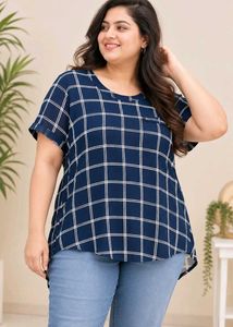 Chic Navy Blue Plaid Top