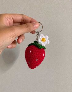 Crocheted Strawberry Keychain with Flower