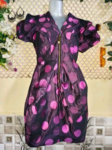 Puff Sleeve Polka Dot Zipper Dress