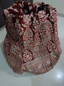 Maroon Velvet Embroidered Bridal Lehenga