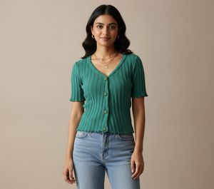 Green Button-Up Knit Top