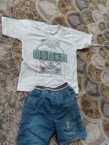 Kids White Osaka T-shirt &amp; Denim Shorts Set