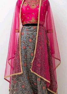 Elegant Pink Grey  Embroidered Lehenga Choli