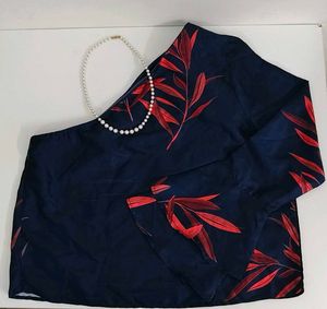 Chic Navy Blue Blouse with Red Leaf Print