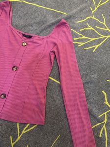 Ribbed Square Neck Button-Up Top