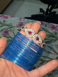 Stack of Blue Bangles with Embellished Bracelet