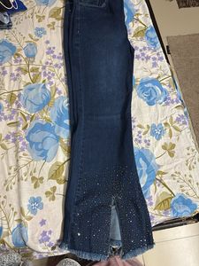 Sparkling Flare Jeans with Front Slit