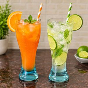 Set of 2 Clear Tall Glasses with Blue Base