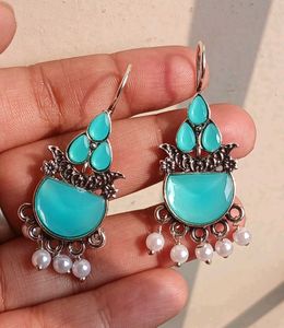 Elegant Aqua Drop Oxidised Earrings ✨