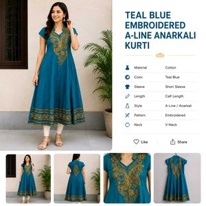 Teal Blue Embroidered Anarkali Kurti