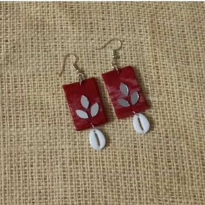Boho Red Leaf Cowrie Shell Earrings