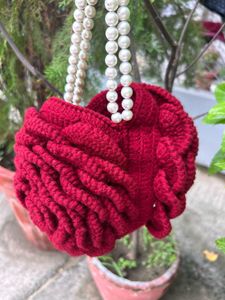 Red Crocheted Round Bag with Pearls