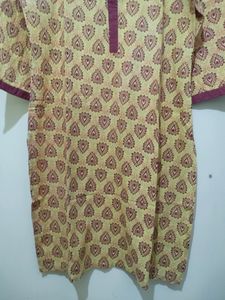 Ruhaans Yellow Kurta With Maroon Prints And Trim
