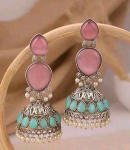 Stunning Pink & Teal Jhumka Earrings