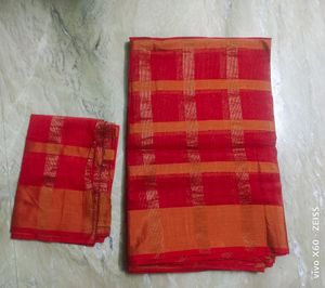 Brand New Red Checks Cotton Mix Sari