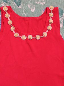 Red Tank Top with Embellished Neckline