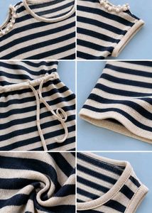 BLACK AND BEIGE STRIPED NET TEXTURE WAIST-TIE