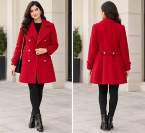 Elegant Red Double-Breasted Wool Coat