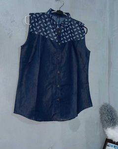 Sleeveless Denim Shirt with Print Detail
