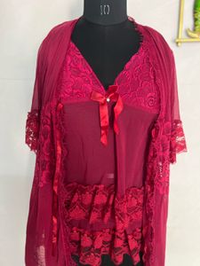 Elegant Burgundy Lace Nightgown Set
