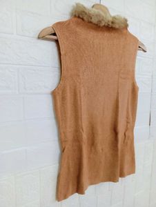 Tan Sleeveless Fur Collar Top