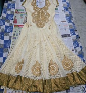 Heavy Work Cream Anarkali Set with Gold Embroidery