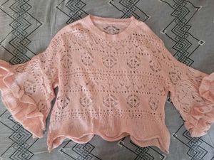 Sheer Pink Knit Sweater with Ruffle Sleeves