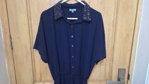 Navy Jumpsuit with Beaded Collar