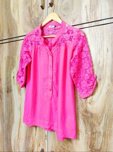 Women's Pink Lace Sleeve Tunic Top Size-36
