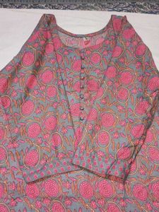 Grey &amp; Pink Floral Print Kurta