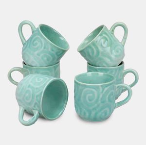 Set of 6 Teal Swirl Ceramic Mugs