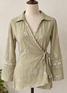 Sage Green Embroidered Top/kurti with Tie Waist