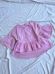 Chic Pink Peplum Top with Pearl Embellishments