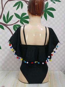 (285)Black Ruffle Pom-Pom Swimsuit