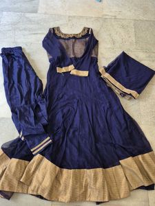 Elegant Blue & Gold Gown with bottom and dupatta