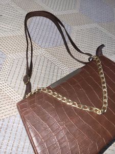Elegant Brown Croc Embossed Clutch with Gold Chain