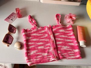 Crocheted Pink & White Striped Tank Top