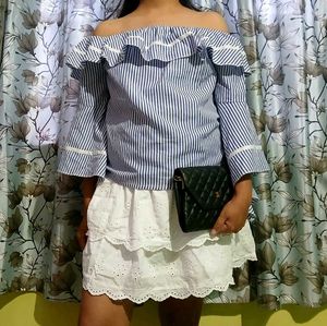blue striped off shoulder top