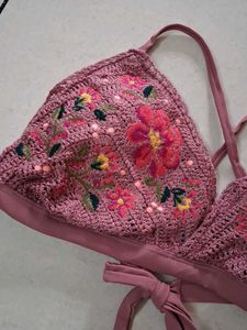 XL Pink Embroidered Crochet Bikini Top