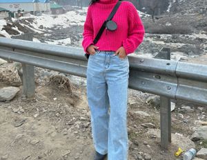 Pink Turtleneck Knit Pullover