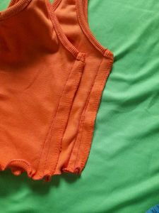 Orange Crop Tank Top With U Notch Neck Lettuce Hem