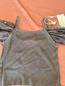 Sheer Puff Sleeve Ribbed Crop Top