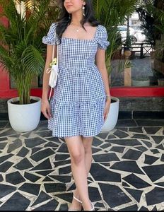Blue Gingham Puff Sleeve Dress