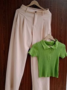 Beige Wide Leg Pants &amp; Green Ribbed Polo Top