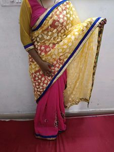 Elegant Yellow &amp; Pink Net Saree with blouse