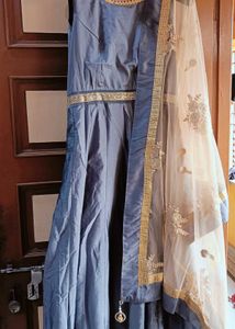 Elegant Grey &amp; Gold Anarkali Dress